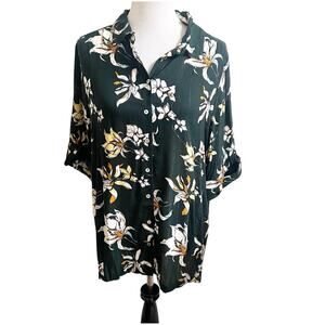 Knot Sisters Orchid Floral Button Front Shirt Short Sleeve Green Size Medium NWT